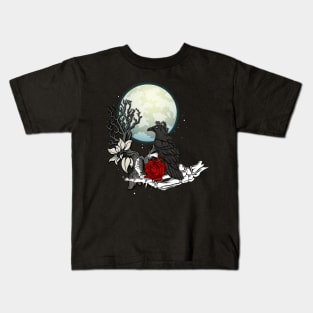 black raven in skeleton hand with a rose in front of a full moon Kids T-Shirt